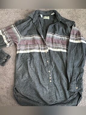 Eddie Bauer Gray Button-Up Shirt with Striped Chest